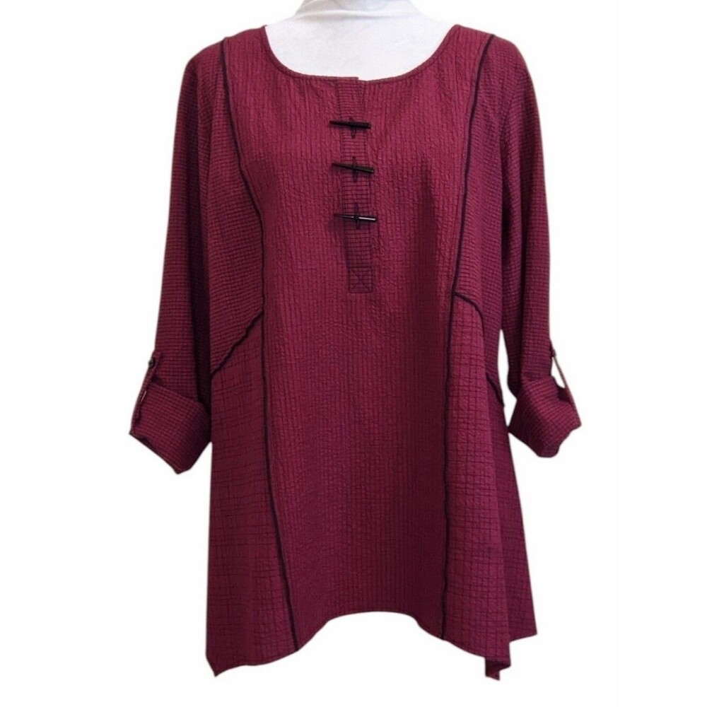 Ali Miles Tunic Top Maroon Oversized Front Button Roll Sleeves Large